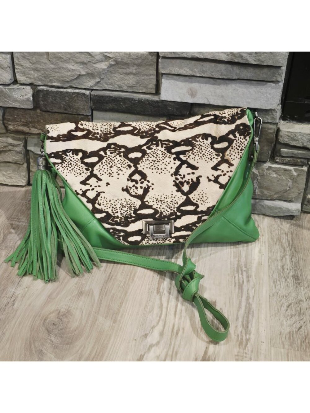 Tylie Malibu Fold Over Pony Hair & Leather Crossbody Bag Green Snake Print